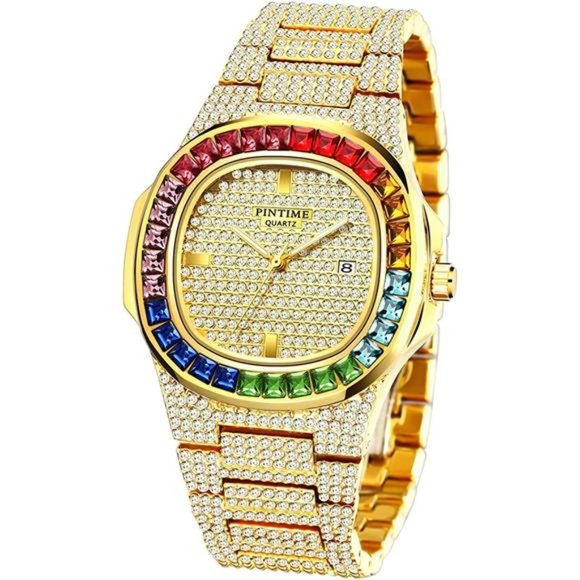 Luxury Bling-ed Out Colorful Diamond Watches Quartz Analog Stainless Steel Band - Picture 1 of 5